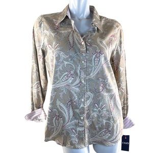 Chaps No Iron Long Sleeve 100% Cotton Tan Paisley Button Down Shirt in Large